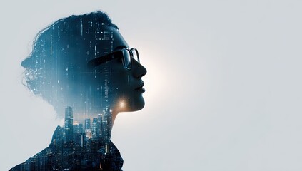 Silhouette of a person wearing glasses with a vibrant cityscape overlay symbolizing urban thought and innovation.