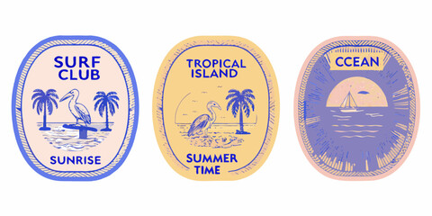 Collection of three oval shaped vintage style tropical beach and surf club emblems with palm trees and birds