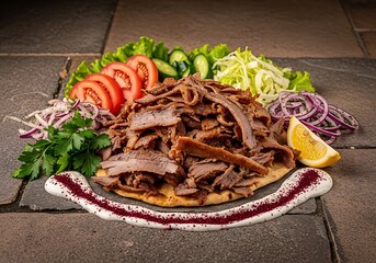 Savory doner kebab composition with fresh vegetables and appetizing sauce
