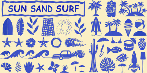 Fototapeta premium Collection of blue summer beach and tropical vacation icons and symbols on a cream background