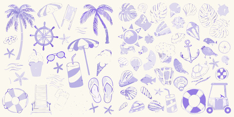 Collection of purple hand drawn beach and summer vacation elements on a light background