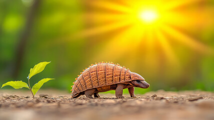 Armadillo walking on soil with sunlight and green background, peaceful and natural scene