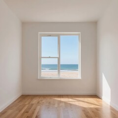 Fototapeta premium Empty room with wooden floor and window overlooking the ocean