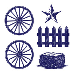 Rustic western style vector illustration featuring wagon wheels star fence and hay bale