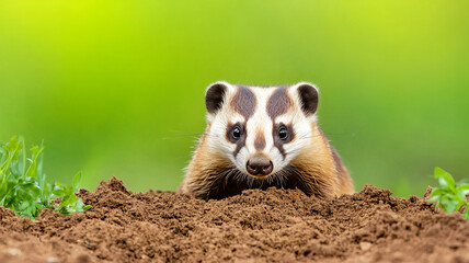 Badger digging soil with alert expression, green blurred background, spring wildlife scene