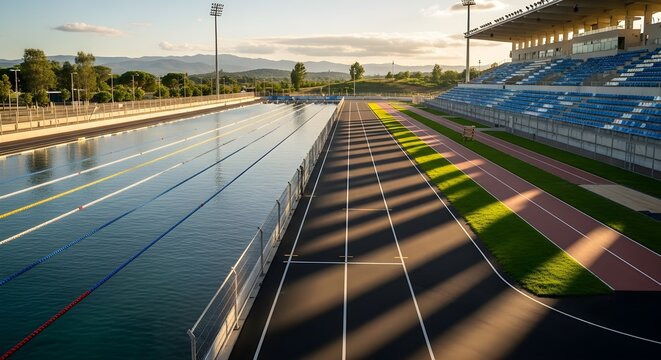 Aerial view of a sports complex featuring a swimming pool, running track, and stadium