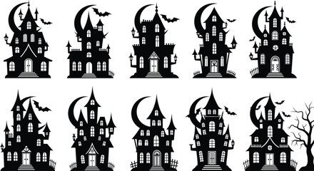 Haunted house silhouettes, spooky Halloween buildings, bats and moon, creepy architecture, black vector icons, isolated horror design, eerie decoration set