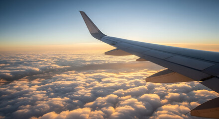 Obraz premium Airplane wing soars above a sea of clouds at sunset, capturing the beauty of flight.