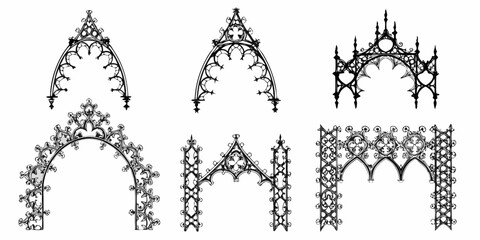 Collection of ornate gothic architectural elements including pointed arches and decorative tracery designs