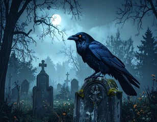 Raven perched on a tombstone in a misty graveyard at night under a full moon
