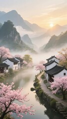 Traditional Chinese village with cherry blossoms and misty mountains at sunrise