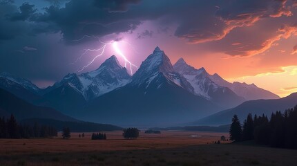 Fototapeta premium Epic landscape of a mountain range during a powerful lightning storm with multiple bright lightning on the sky