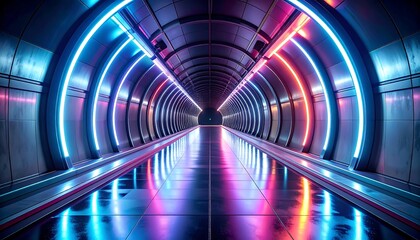Futuristic, neon-lit tunnel with reflective floor, leading into darkness. Symmetrical, with blue & red light rings. Metallic surfaces