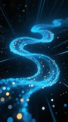 Abstract blue particle trail forming a swirling pattern against a dark background with glowing dots and light rays