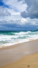 Dramatic beach scene with waves crashing on shore