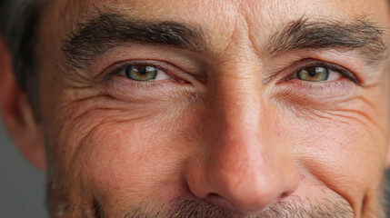 Obraz premium Close-up of smiling eyes of a man with natural wrinkles on his skin and expressive facial details