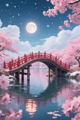 A serene night scene featuring a red arched bridge over a calm lake surrounded by cherry blossoms under a full moon.
