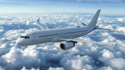 Obraz premium Commercial Airplane Flying in Sky: Blue Sky & White Clouds Backdrop, Centered with Spread Wings & Engines, Elegant Flight Moment, for Decor/Poster/Air Travel Promotion