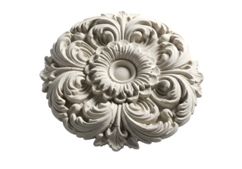 Elegant white rosette isolated on transparent background, showcasing intricate floral patterns and a central circular design, perfect for architectural detail