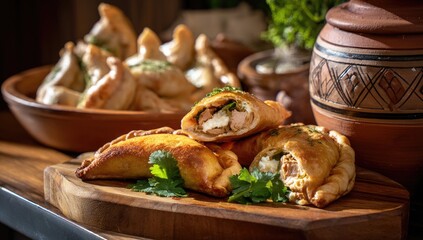 Golden-brown, flaky pastries, filled with savory ingredients, arranged on a wooden board, alongside other pastries and a decorative pot