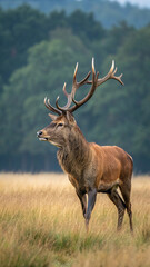 Red Deer Stag with Large Antlers Standing in Grassy Field