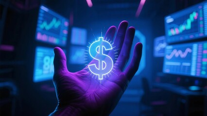 Hand holding glowing dollar symbol in futuristic tech environment with data screens