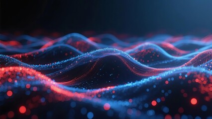 Abstract digital wave patterns with glowing particles in red and blue hues