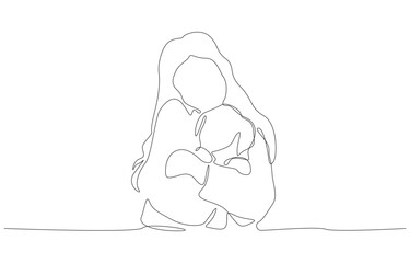 Continuous one line drawing of young girl hugging her pet dog happily, single line art.