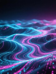 Abstract digital landscape with flowing neon waves of blue and pink particles