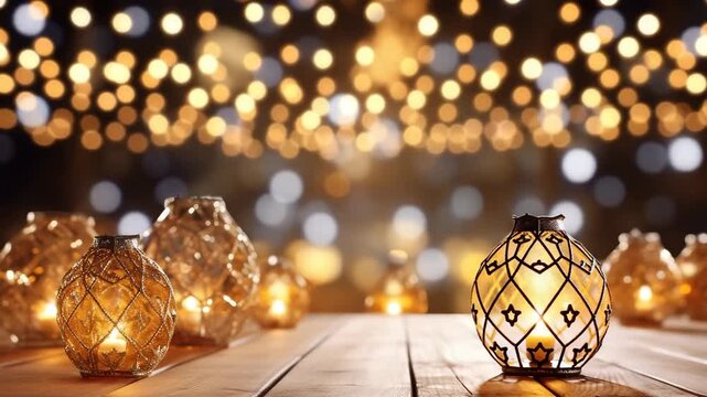 Empty wooden table with Christmas tree balls falling on table and blinking golden bokeh.Slow motion video for new year postcard.AI Generative