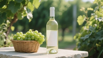 Bottle of white wine and basket of green grapes on stone table in vineyard