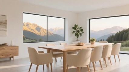 Modern dining room with large windows overlooking mountain landscape