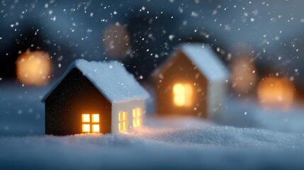 Fototapeta premium winter snowy village background with warm glowing windows and snow