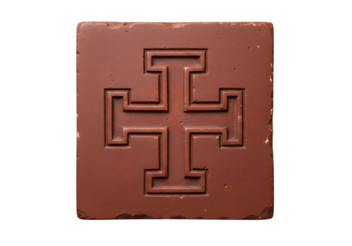 Red brick with a cross symbol isolated on transparent background, a decorative element for construction and design, showcasing its unique pattern and texture