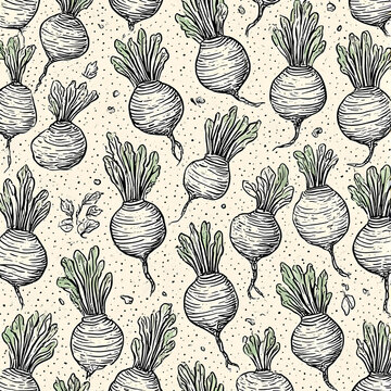 Turnips seamless pattern with leafy green tops, sketch style illustration, textured beige background, dotted accents, organic vegetable design.