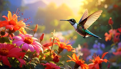 Vibrant Hummingbird Dance Among Colorful Blossoms