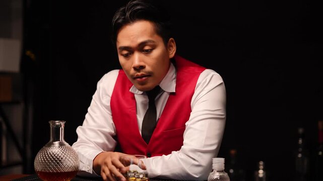 A professional bartender dressed in a stylish red vest and white shirt carefully holds a textured glass whiskey decanter and a glass of amber-colored spirit. The scene is set against a dark, moody bac