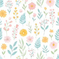Elegant seamless vector pattern with hand-drawn wildflowers and leaves in minimal line art style on pastel background, perfect for botanical and decorative design use.