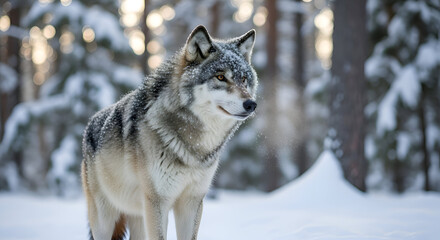 Fototapeta premium Lone Wolf in Winter Wonderland - A Majestic Portrait.