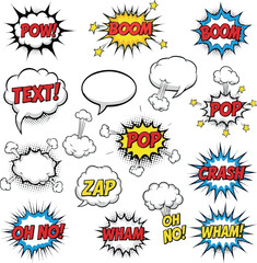 Cartoon comic sign burst clouds. Speech bubble, boom sign expression and pop art text frames. Comics mem expressions speech, superhero book bubbles label. Isolated vector symbols set © MDKHURSHED