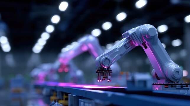 robotics manufacturing plant, automated robotic arms assembling electronic devices, neon glow, futuristic industrial scene
