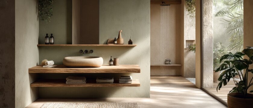 A minimalist bathroom design, featuring natural wood and neutral tones, showcasing a serene and calming atmosphere.