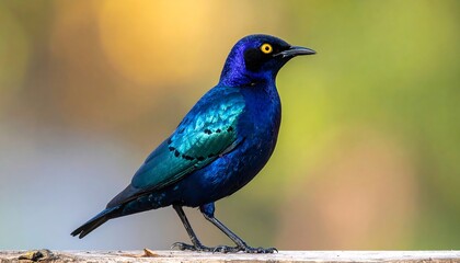 Naklejka premium A vibrant, detailed profile view of a strikingly colored bird, showcasing its deep blue plumage with iridescent green highlights, against a soft, out-of-focus backdrop of warm, natural colors.