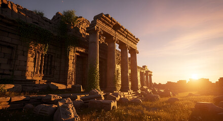 Obraz premium Ancient Temple Ruins at Sunset - A Journey Through Time and Architecture.