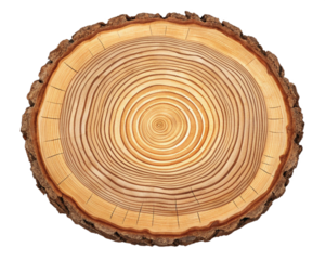 Cross section of tree trunk showing growth rings isolated on transparent background, revealing its age and history