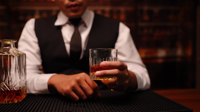 A professional bartender dressed in a stylish red vest and white shirt carefully holds a textured glass whiskey decanter and a glass of amber-colored spirit. The scene is set against a dark, moody bac
