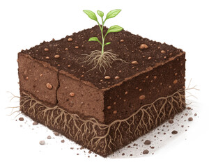 Watercolor painting of a soil cube with plant and roots isolated on transparent background, detailed illustration