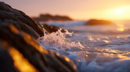 ocean cliff sunset background with golden light and waves crashing