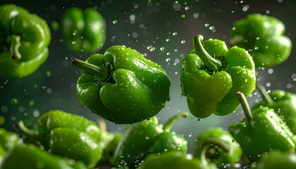 Close-up of vibrant fresh green bell peppers floating against a dark background