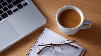 cinematic top view of business desk with laptop, coffee, notebook, glasses, and pen
